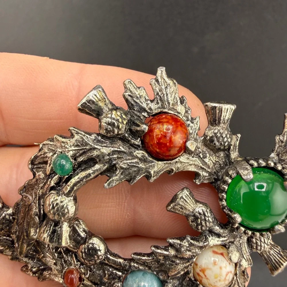 Vintage Jacobite Brooch Silver Tone Scottish Thistle Wreath Multicolor Stone